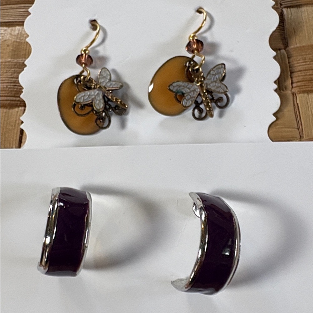 Two earrings, Dragonfly Gold and Brown Earrings & purple hoop earrings